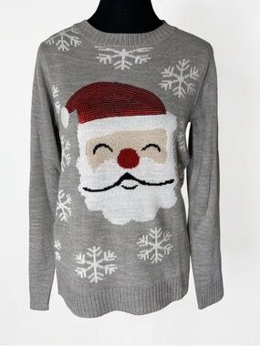 GUILTY KNIT WEAR Grey Knit Christmas Sweater Santa Sequin Snowflake Sz Medium